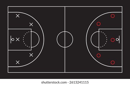 Basketball strategy field, game tactic . Hand drawn basketball game scheme, learning blackboard,  vector illustration.