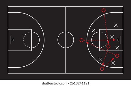 Basketball strategy field, game tactic . Hand drawn basketball game scheme, learning blackboard,  vector illustration.