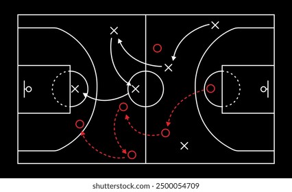 Basketball strategy field. Hand drawn basketball game scheme, learning blackboard, sport plan vector illustration.