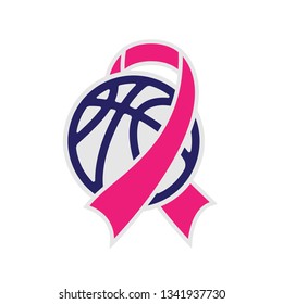 Basketball symbol with breast cancer awareness ribbon isolated on white background