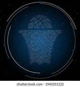 The basketball symbol filled with white dots. Pointillism style. Some dots is red. Vector illustration on blue background with stars