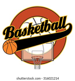 Basketball With Tail Banner is an illustration of a basketball design with the word basketball, a basketball, a basketball backboard with net, a tail banner a circle element with space for text.