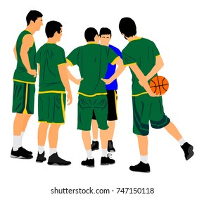 Basketball team coach tells the players advice what to do vector illustration isolated on white background. Basketball crew on time out tactical agreement. Plan for the game. Trainer sport talk game.
