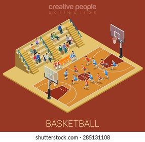 Basketball team competition match play. Sport modern lifestyle flat 3d web isometric infographic vector. Young joyful people team sports championship. Creative sportsmen people collection.