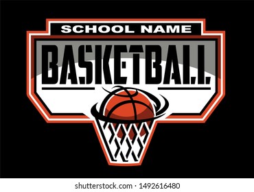 basketball team design with ball and net for school, college or league