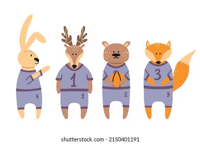 Basketball team of forest animals. Basketball players hare, fox, bear, deer. Children's basketball. Hand drawn illustration in scandinavian style. Vector illustration.