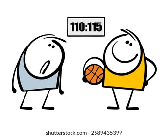 Basketball team game. Vector illustration of the winner and loser looking at the scoreboard, holding the ball at the end of the game. Isolated funny character on white background.