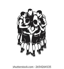 The basketball team gathered around each other embracing each other in a circle and listening to their captain speech before the game in vector black and white simple style