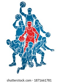 Basketball Team player dunking dripping ball action graphic vector