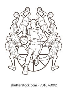 Basketball Team Player Dunking Dripping Ball Action Outline Graphic Vector