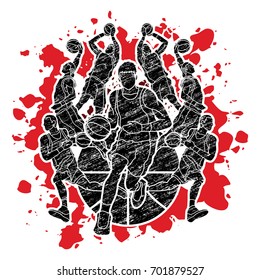 Basketball Team player dunking dripping ball action designed on splatter blood background graphic vector