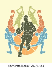 Basketball Team player dunking dripping ball action graphic vector