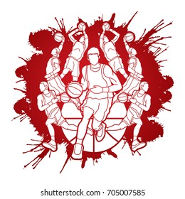 Basketball Team player dunking dripping ball action designed on splatter blood background graphic vector