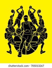 Basketball Team player dunking dripping ball action graphic vector