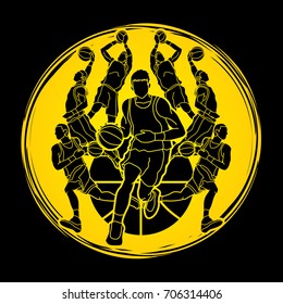Basketball Team player dunking dripping ball action designed on grunge circle background graphic vector