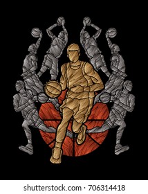 Basketball Team player dunking dripping ball action designed using luxury grunge brush graphic vector