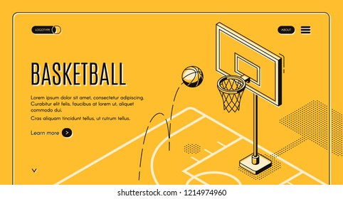 Basketball team, sport club black line art, isometric vector web banner, web site template with ball jumping on court in hoop illustration. Basketball championship, sport game tournament landing page