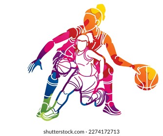 Basketball Team Women Players Action Cartoon Sport Team Graphic Vector