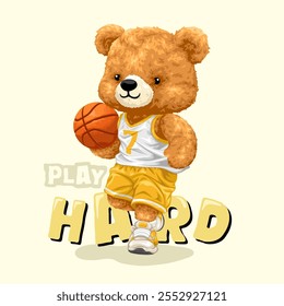 Oso de peluche de baloncesto en Jersey amarillo con texto "Play Hard", Ilustración vectorial