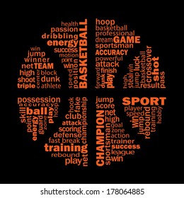 Basketball text collage for sports design. Vector illustration. The different graphics are all on separate layers so they can easily be moved or edited individually.