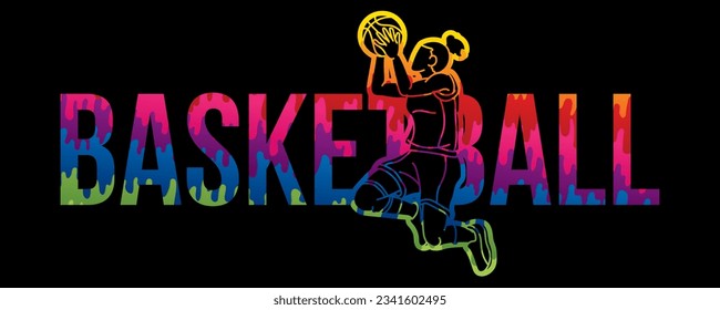 Basketball Text Designed with Female Sport Player Action Cartoon Graphic Vector