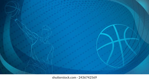 Basketball themed background in blue tones with abstract lines, curves and dots, with a male basketball player and ball