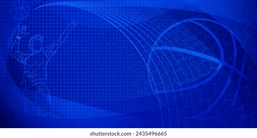 Basketball themed background in dark blue tones with abstract lines, meshes and dots, with a male basketball player and ball