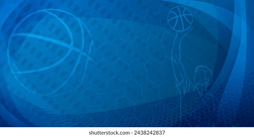 Fondo temático de baloncesto en tonos azul oscuro con mallas abstractas, curvas y puntos, con un jugador de baloncesto masculino y pelota