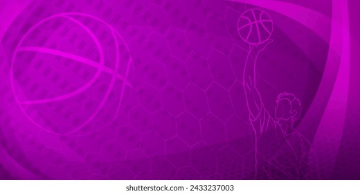 Fondo temático de baloncesto en tonos morados oscuros con mallas abstractas, curvas y puntos, con un jugador de baloncesto masculino y pelota