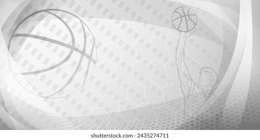 Basketball themed background in gray tones with abstract meshes, curves and dots, with a male basketball player and ball