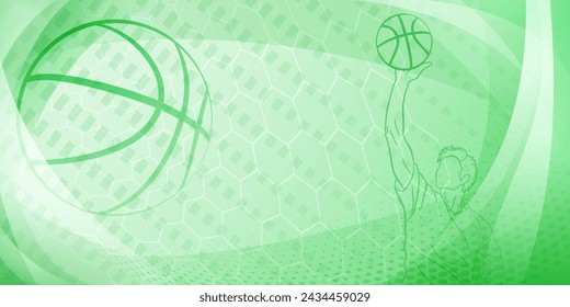Basketball themed background in green tones with abstract meshes, curves and dots, with a male basketball player and ball