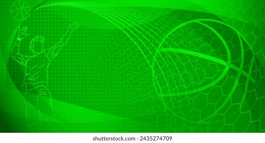 Fondo temático de baloncesto en tonos verdes con líneas abstractas, mallas y puntos, con un jugador de baloncesto masculino y pelota