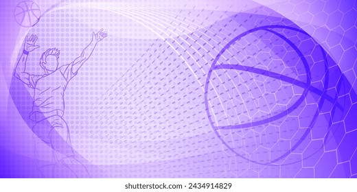Basketball themed background in purple tones with abstract lines, meshes and dots, with a male basketball player and ball