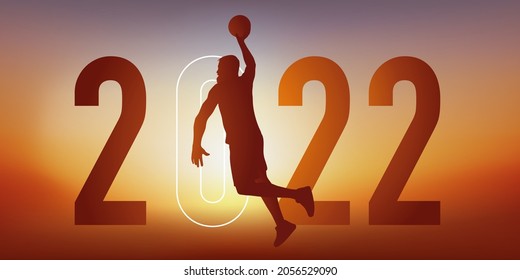 Basketball Themed Sport Concept For A 2022 Greeting Card, Showing A Basketball Player Jumping With Outstretched Arm To Score A Basket.