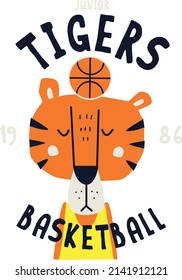 Basketball themed vector print design for kids. Can be used for baby t-shirt print, fashion print design, kids wear, baby shower, celebration, greeting and invitation.