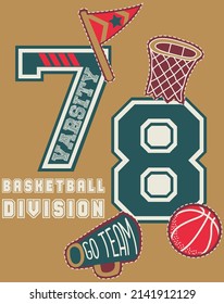 Basketball themed vector print design for kids. Can be used for baby t-shirt print, fashion print design, kids wear, baby shower, celebration, greeting and invitation.