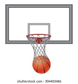 Basketball Through Net With Backboard is an illustration of a basketball going into a basketball net. Includes the basketball backboard.