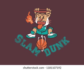 Basketball Tiger Player Making A Slam Dunk Breathing Fire