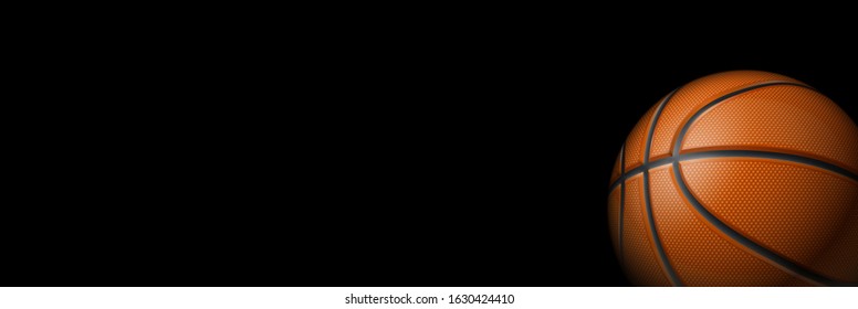 Basketball tournament blank poster design banner with 3d realistic shiny ball isolated on black background with place for text. horizontal empty Illustration Basketball template realistic orange ball