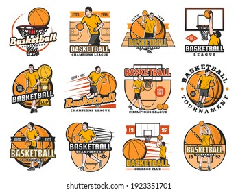 Basketball tournament, college club or league championship icons set. Caucasian basketball player dribbling and throwing ball on court, doing slam dunk in hoop vector. Sport competition retro emblems