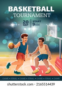 Basketball tournament final game cartoon vertical poster with two male players on court vector illustration