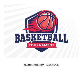 Basketball tournament logo, emblem, designs with basketball ball, flame and shield on a light background