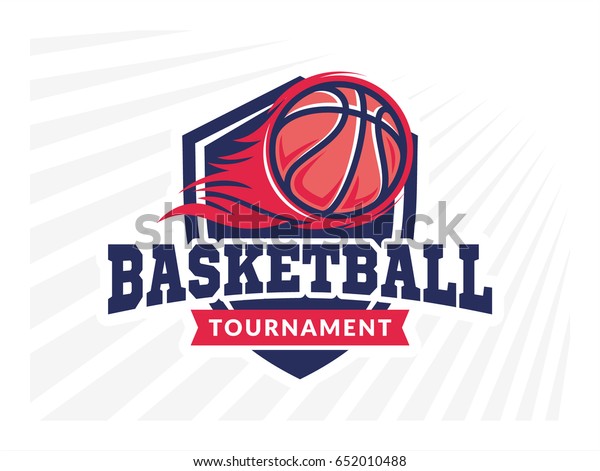 Basketball tournament logo,\
emblem, designs with basketball ball, flame and shield on a light\
background