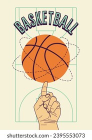 Basketballturnier Poster Design. Ball dreht sich um den Finger. Vektorgrafik. 