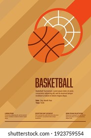 Basketball Tournament Poster Design. Sports Template. Wooden Court, Ball and Hoop. Professional and Amateur Competition. Close up. Flat, Simple, Retro style - Vector