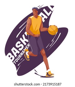 Basketball tournament poster or flyer concept. Different players of the basketball team jump with balls. Splash background. Vector flat illustration
