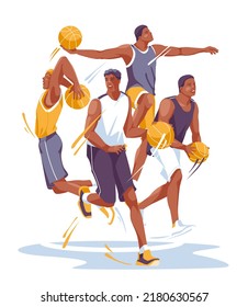 Basketball tournament poster or flyer concept. Different players of the basketball team jump with balls. Flat vector illustration.