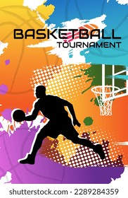 Basketball tournament poster with player sihouette and colorful paint splash elements. Vector sport concept for promotion game design.