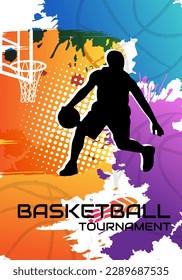 Basketball tournament poster with player sihouette and colorful paint splash elements. Vector sport concept for promotion game design.