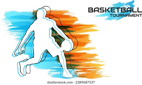 Basketball tournament poster with player sihouette and blue and orange paint splash elements. Vector sport concept for promotion game design.